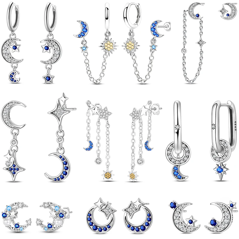 ผู้หญิงElegant 100% 925 เงินสเตอร์ลิงSun Moon Star Blue Sparkling Zirconต่างหูสําหรับงานแต่งงานเครื่องประดับFineของขวัญ