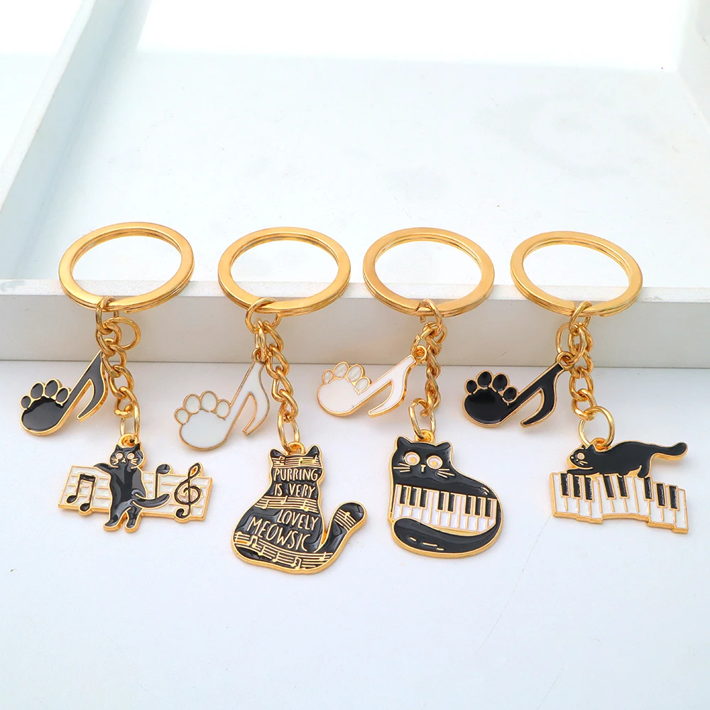 Enamel Piano Cat Keychain Cute Musical Note Pendant Key Chain For Women Men Handbag Ornaments Car Keyring DIY Jewelry Gift