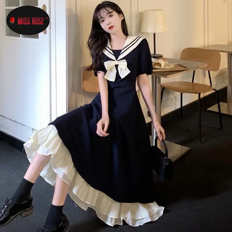 

Harajuku Kawaii Lolita Dress Women Preppy Style School Sailor Collar Puff Sleeve Wrap Short Summer Party Club Prom Dresses