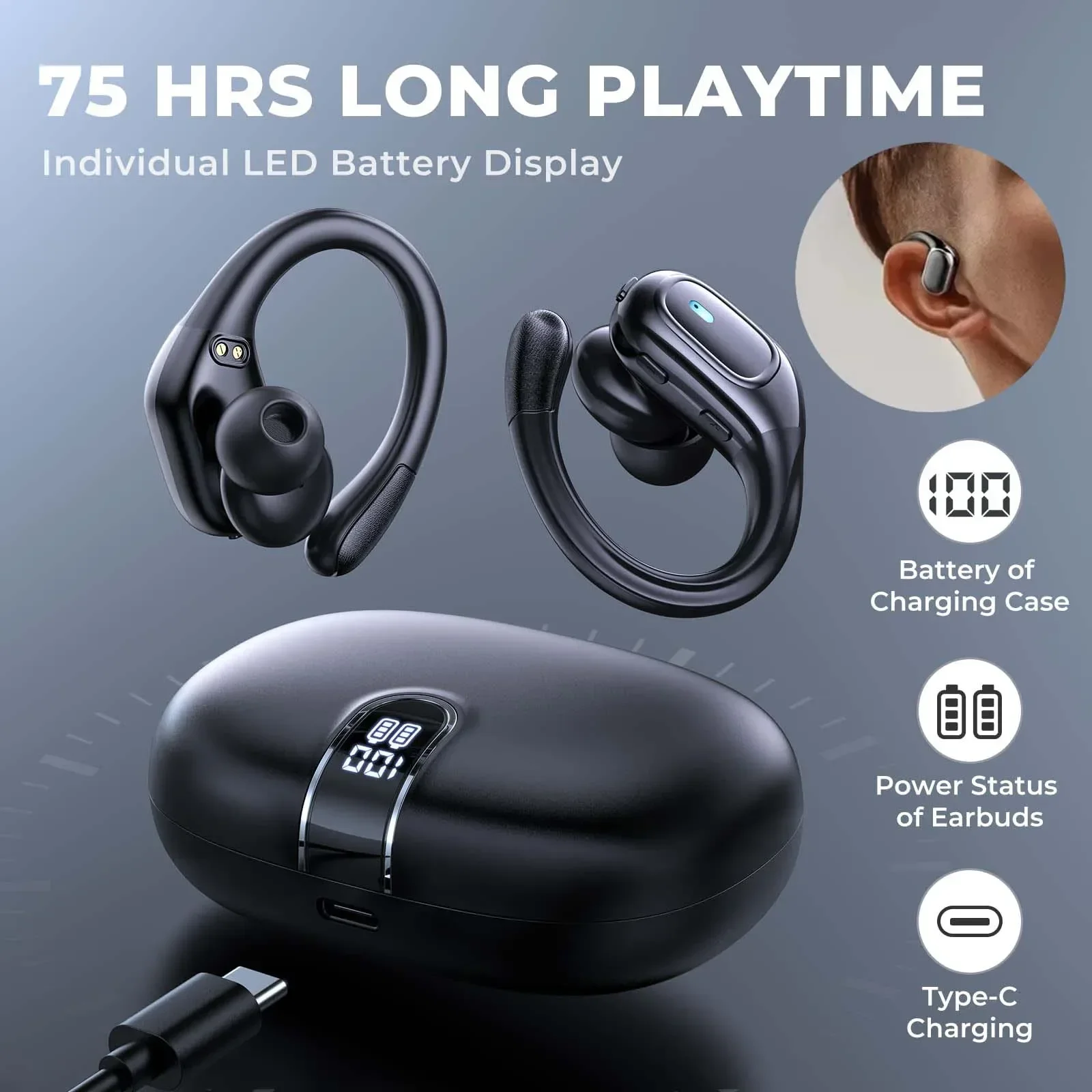 

TWS Sport Flexible Earhook Wireless Earbuds IPX7 Waterproof Headset HiFi Stereo Bluetooth In Ear Buds Earphones For Workout Gym