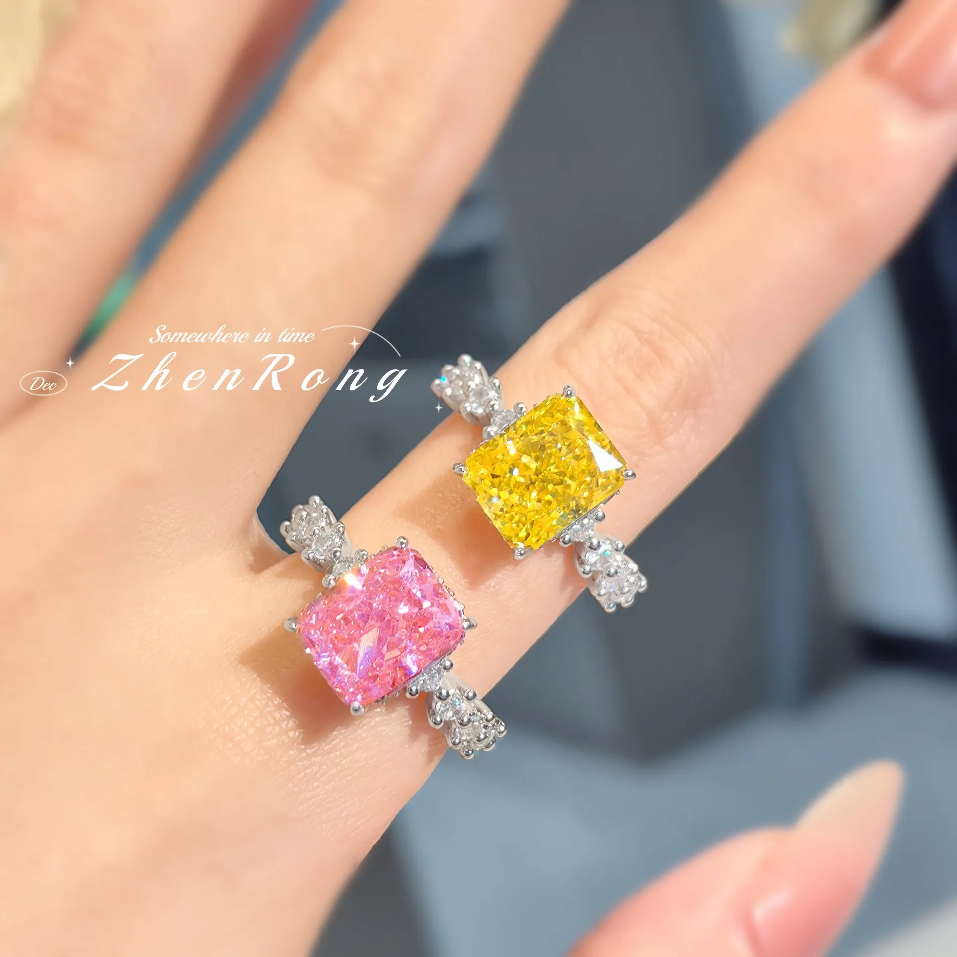 Women s S925 Sterling Silver Ring Light Luxury Princess Square Ice Pink Diamond Inlaid with Yellow Diamond Elegant Daily Wear