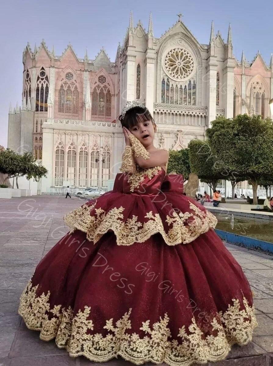 Платье с цветочным узором для девочек с длинными рукавами и бантом, многоуровневое золотое кружевное фатиновое пышное платье принцессы, детское бальное платье для дня рождения по индивидуальному заказу
