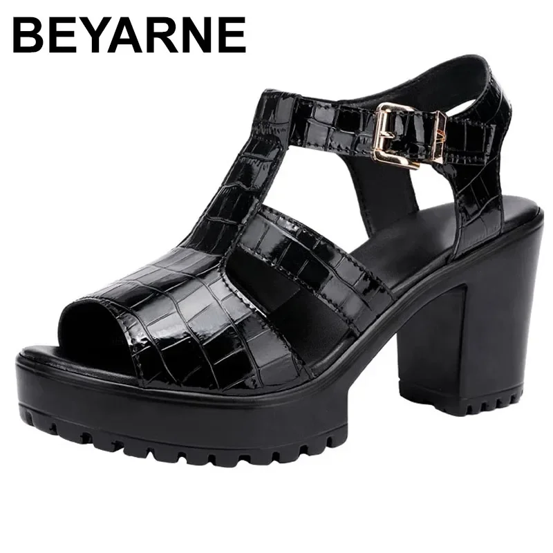 

BEYARNE Small Plus Size32-43Block Heel Platform Sandals Patent Leather Summer Buckle Elegant High Heels Sandals Women Thick