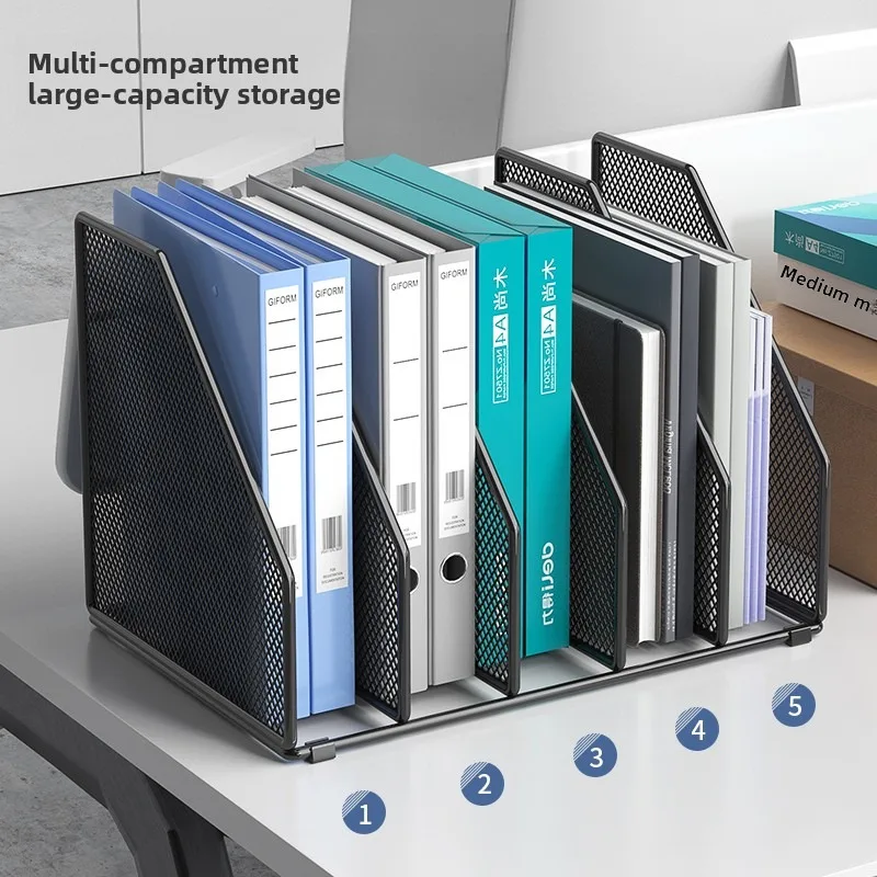 5-Slot Metal Mesh File Organizer, Vertical Desktop Magazine Holder for A4 Folders, Home Office, Students & Teachers