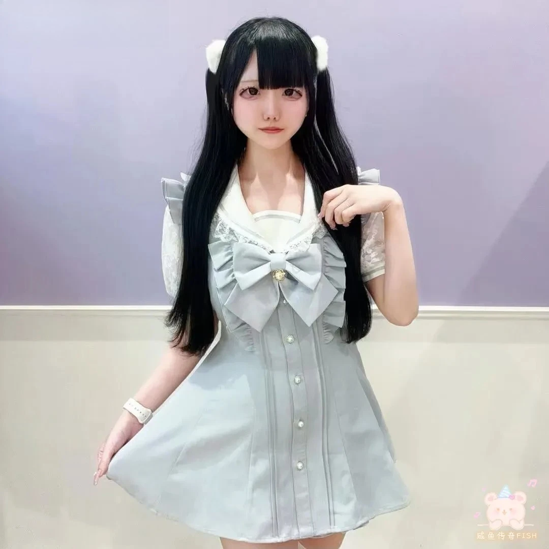 

Japanese Sc Two Piece Set Summer New Navy Collar Bow Lace Top Splicing Slim Shirt and Shorts Mine Series Mass Production Suit