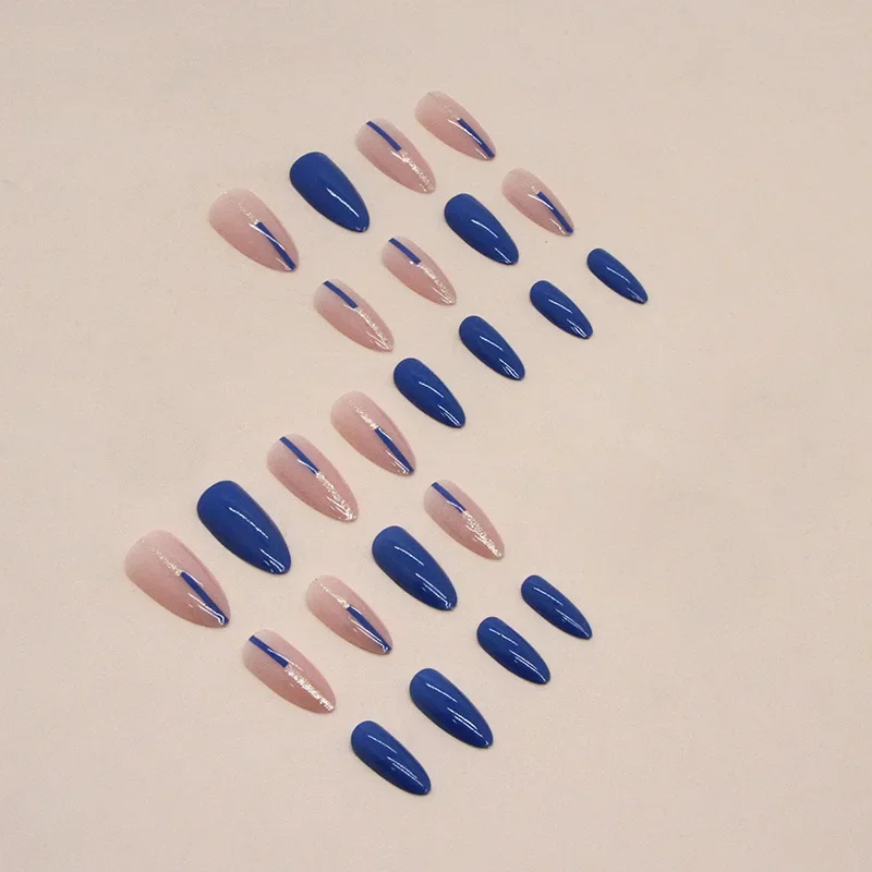 24P/Set Almond Press on Nail Tips Blue Glitter Patchwork Finger Fake Nails Art Finished Artificial Acrylic False Nails Removable