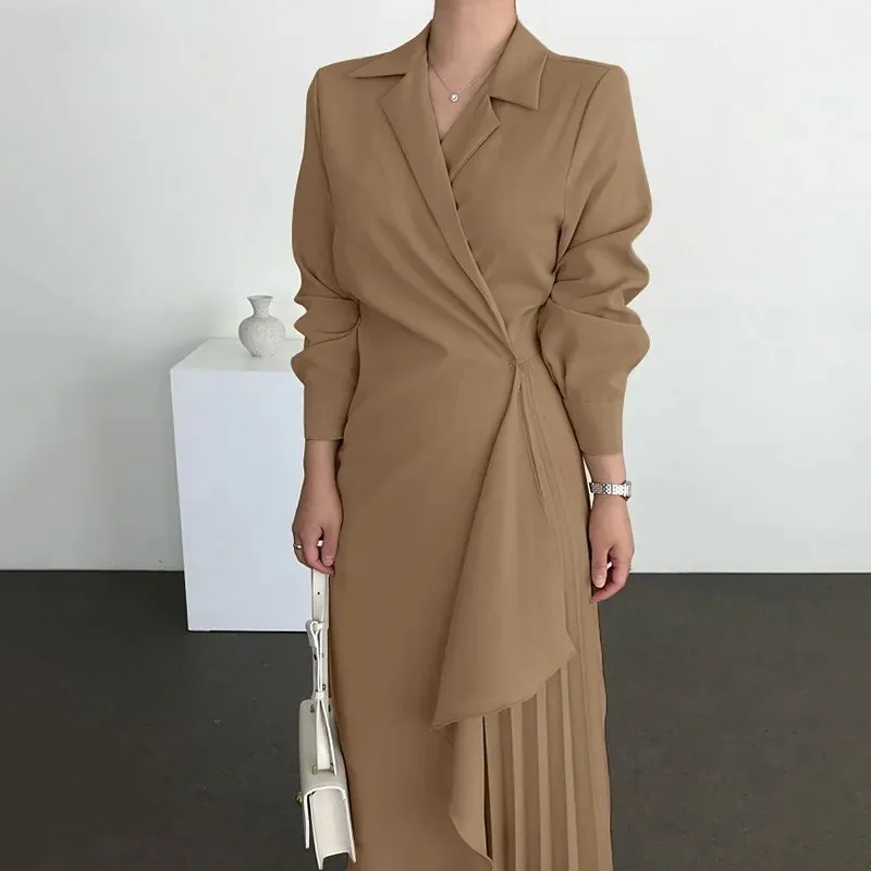 Dresses For Women 2023 Pleated Formal Elegant Shirt Long Dress Office Lady Muslim Vintage Solid Color Suit Evening Vestido