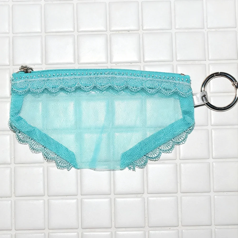 Y2K Briefs Shape Cosmetic Bag with Metal Keychain Lace Mesh Transparent Makeup Pouch Zippered Travel Toiletry Storage