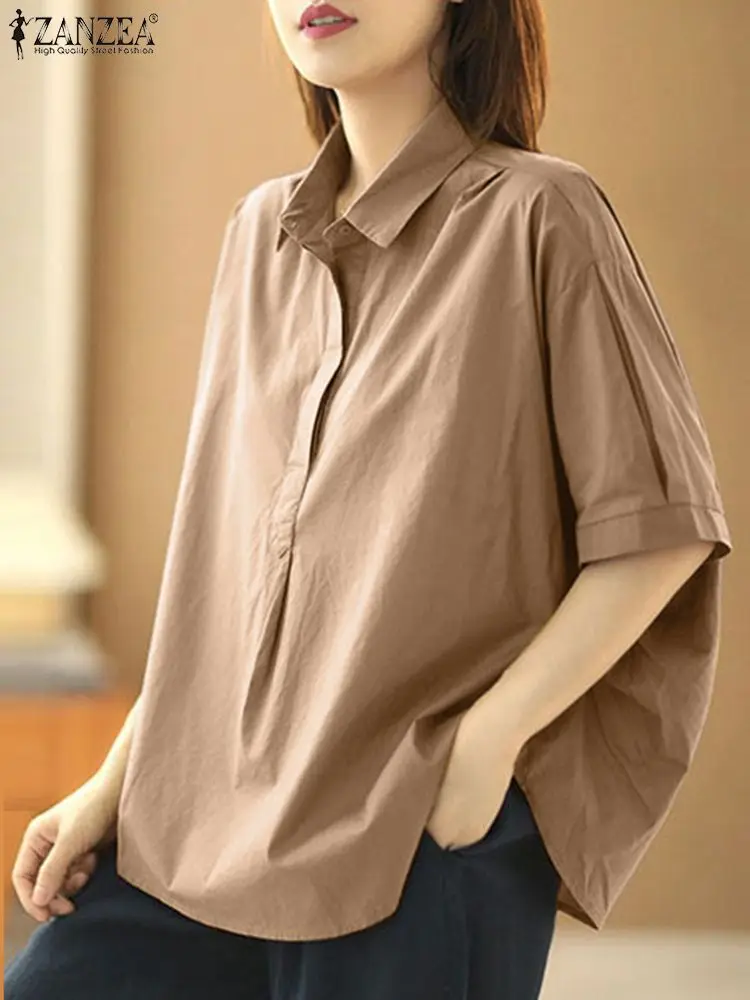 ZANZEA Summer Women Casual Baggy Blouse Fashion Lapel Neck Short Sleeve Solid Shirt Female Elegant OL Work Tops Buttons Blusas