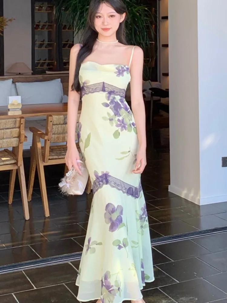 

Women Floral Print Long Dresses Summer Elegant Female Sexy Spaghetti Strap Slim Bodycon Mermaid Party Dress Robe New