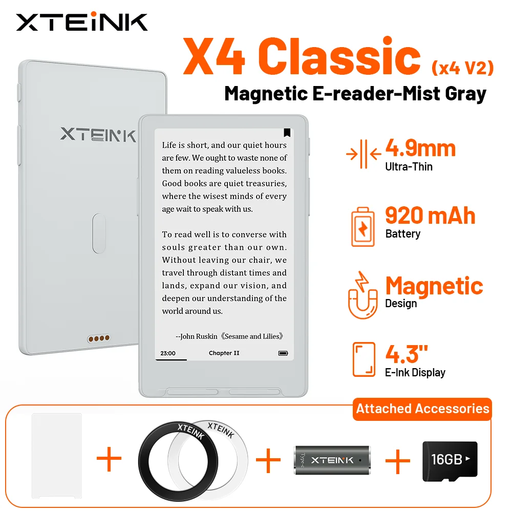 XTEINK X4 Classic (X4 V2) 4,3" magnetische zak e-reader, ultradun, 4,9 mm, e-paper, 920 mAh batterij, ontgrendeld, officiële wereldwijde versie