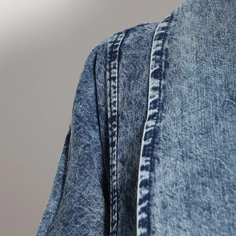 Women's Trendy Long Blue Denim Jacket Autumn Three-Quarter Sleeve Irregular Trench Coat