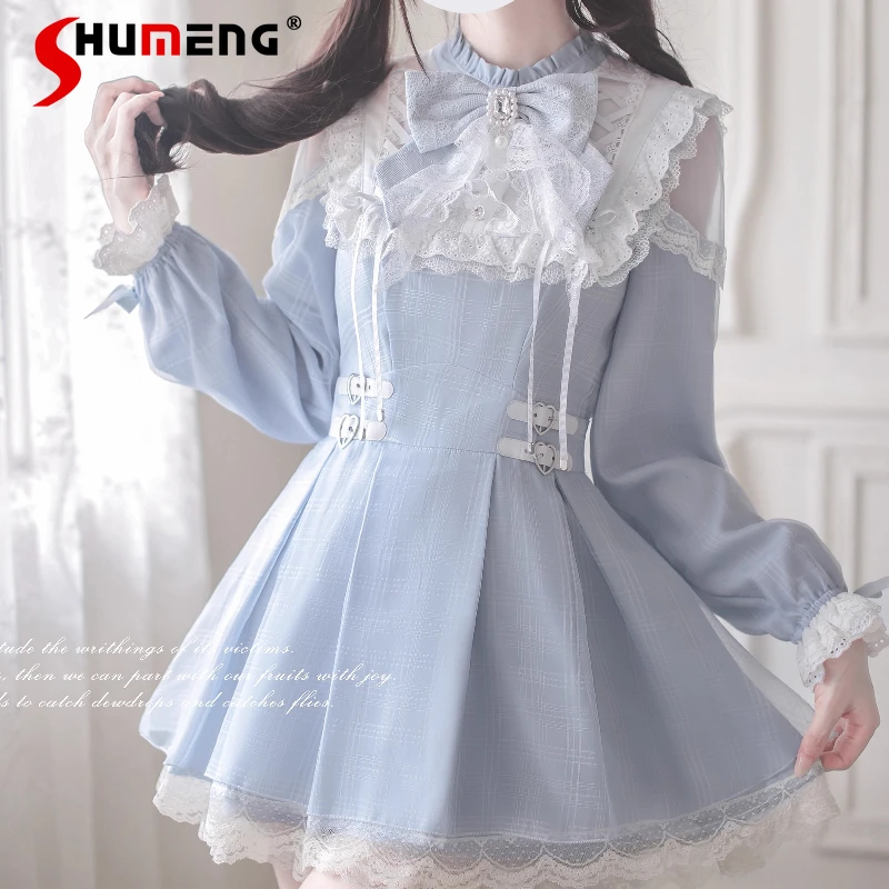 

Japanese Lolita Style Watercolor Mine Series Mass-Produced Lace Long-Sleeve Dress Sweet High-Waisted Slim Fit Round Neck Dresses