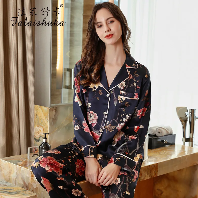 16 Momme 100% genuine silk pajamas sets women sleepwear Sexy black flower Digitally printed Mulberry Silk pyjamas T8254A