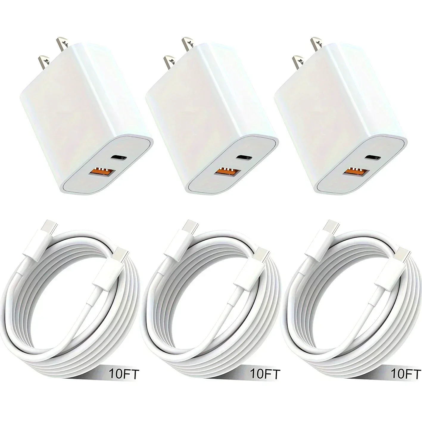 3Pack Dual Port 20W PD Power USB C Wall Charger With 10FT Long USB C Fast Charging Cable For IPhone 15/15 Pro/15 Pro Max/15 Plus