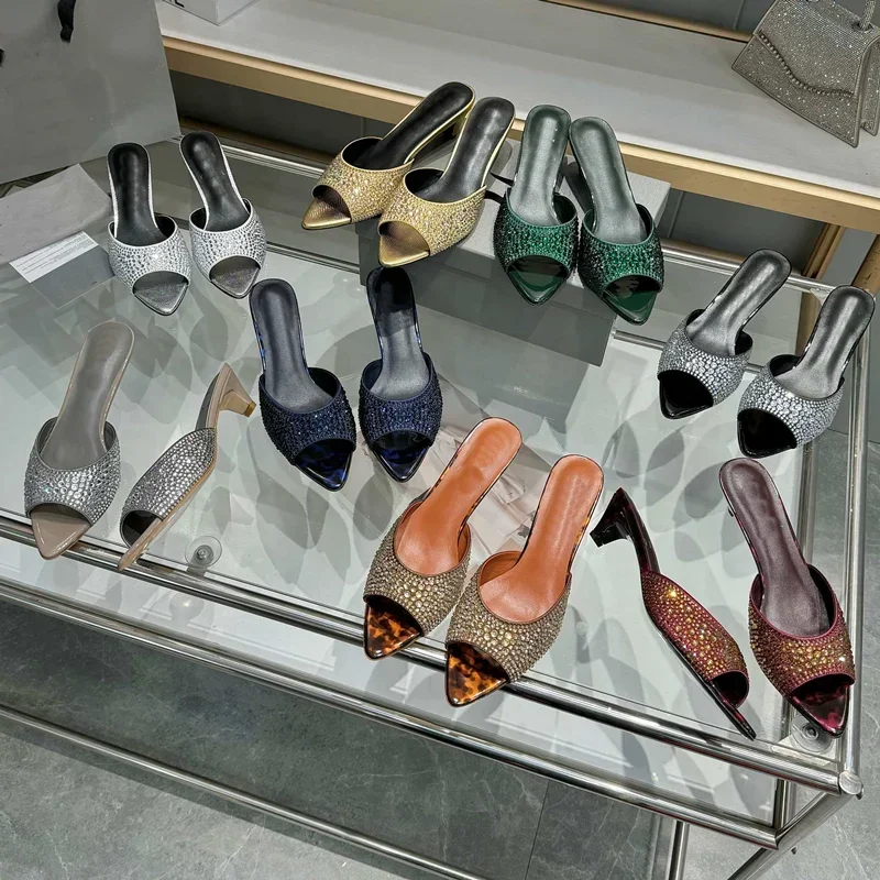 Shiny Crystal Leopard Slippers Sexy Pointed Toe Mixed Colors Slip On New Arrivasl Fashion Women Modern Shoes