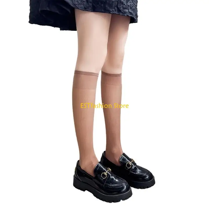 

Y5GC Solid Color Sheer Over the Calf Long Socks for Women Japanese Student Summer Thin Silk Knee Length Stockings