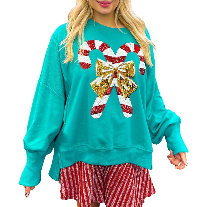 Women Cute Sequin Sweatshirt Christmas Candy Cane Print Pullover Top Oversized Side Slit Sparkly Sweater Shirt Xmas Streetwear