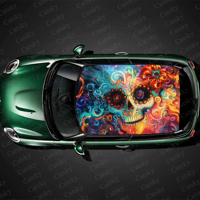 Skulls and Floral Car Roof Sticker Wrap Racing SUV Accessories Packaging Painted PVC Custom Car Graphic Decal