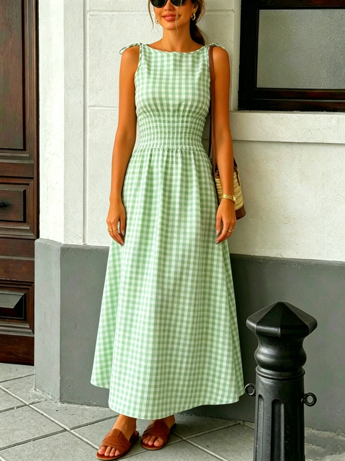 Sommermode Neuer Stil Frischer Ins-Stil Vielseitiges Gittermuster Taillenzugband Langes Kleid – Detail 7