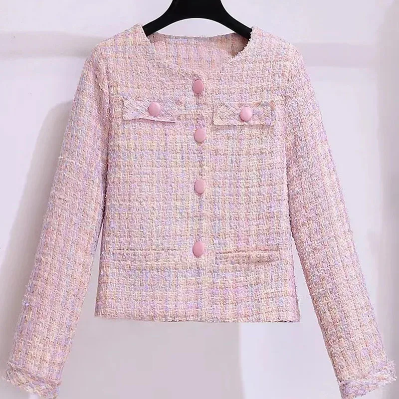 Women\'s Jacket 2024 Spring Autumn New Pink Tweed Small Fragrance Coat Short Jacket Korean Fashion Elegant Female Outerwear Tops