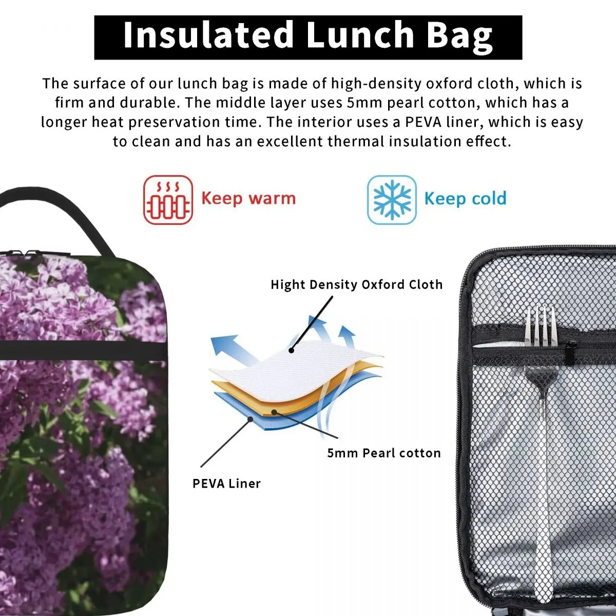 Bestselling Vivid Fragrant Lilac Bush Blooming In The Sunshine Foldable Design Shoulder Lunch Bag Preschool Lunch Kids Lunch Bag view 5