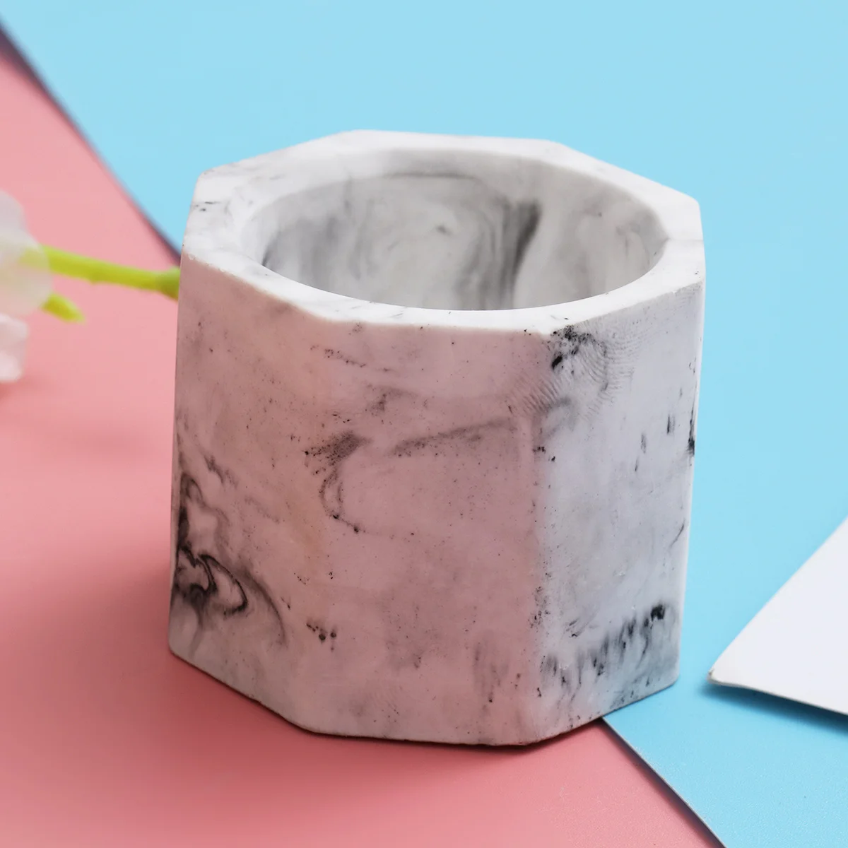 

1Pcs Marble Texture Stand Cup Eight Angle Decorative Succulent Plant Pot Pencil Holder Stylish Home Decor