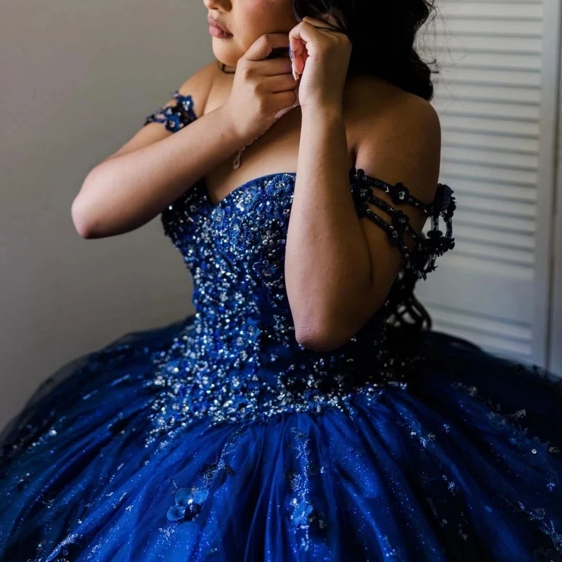 Glitter Navy Blue Quinceanera Dress V-Neck Off The Shoulder Appliques Lace Beads Cut-Out Beads Sequin For 15 Girls Ball Formal