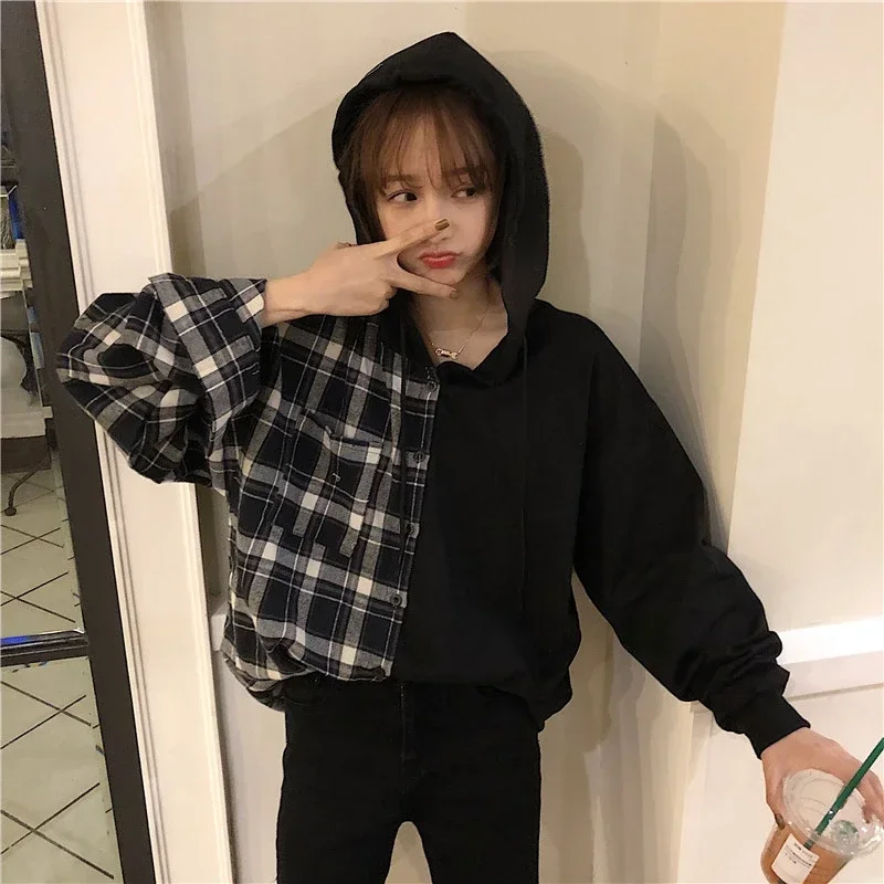 Korean Fashion Patchwork Design Plaid Oversized Shirts Women Y2k Harajuku Streetwear Girls\' Button Up Long Shirt Cheap Wholesale