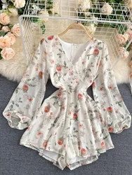 Summer Print Rompers Women's V-neck Puff Sleeves Waist Thin All-match Jumpsuits High-waisted Chiffon Wide-leg Playsuits PL465