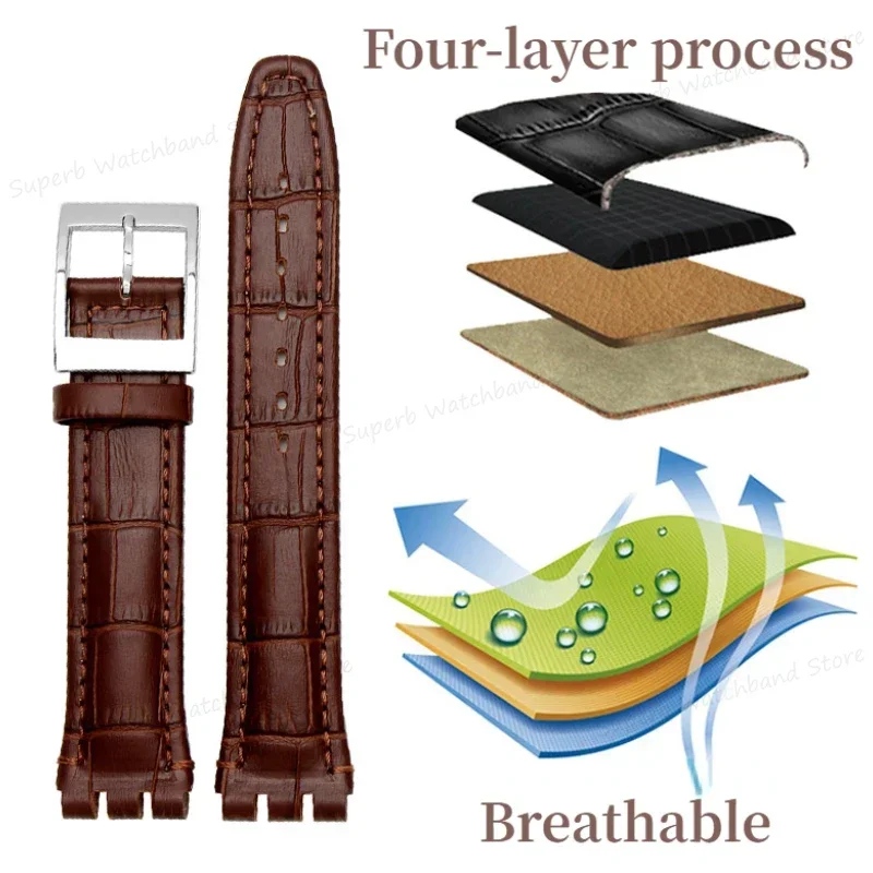 Genuine Leather Watchband for Swatch 17mm 19mm Sport Waterproof Bracelet Men Women Cowhide Strap Watch Accessories