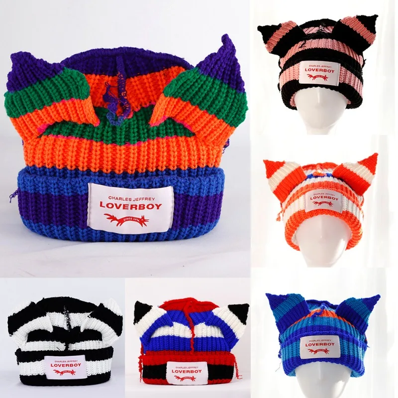 Couple Knitted Hat Pig Cat Ear Winter Hat Heavy Warm Fashion Hat Stripe Loverboy Cute Cartoon Fox Beanies Skullies for Men Women