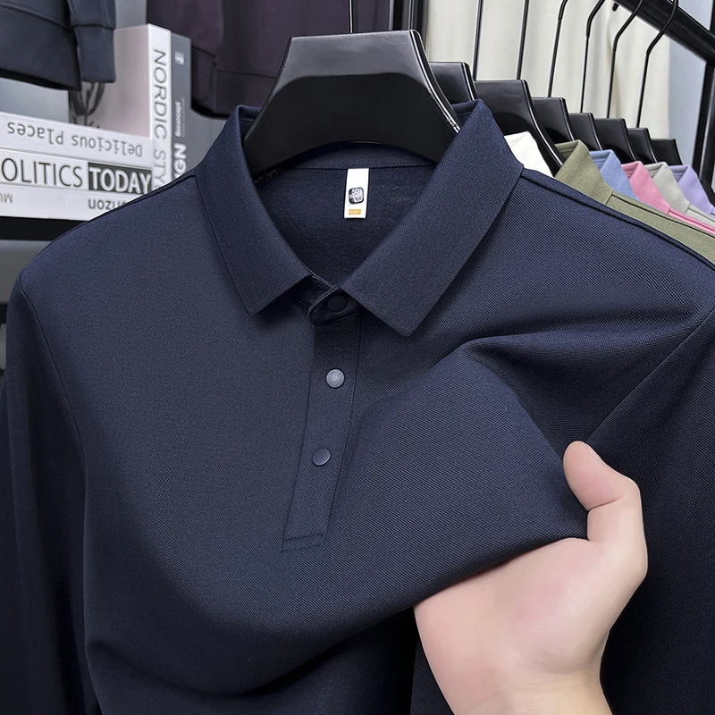 

Мужская футболка-поло с длинным рукавом, весна-осень, однотонная, чистый дизайн, на кнопках, квадратный вырез, из чистого хлопка, простая