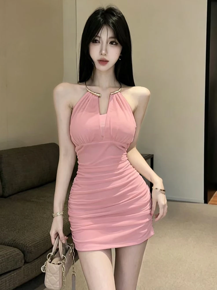 Sexy Metal Neck Hanging Sleeveless Dress High Waist Slim Fit Backless Vest Skirt French Style Splice High Waist Medium Softness