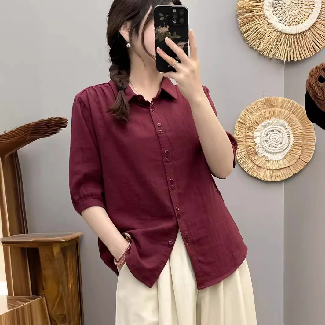 Korean Summer New Simple Short-sleeved Shirt for Women's Mid-sleeved Double-layer Cotton Yarn Soft and Casual