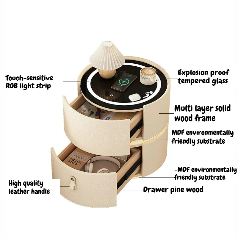 Round Smart Nightstand Home With Wireless Charging Light Modern Wooden Bedside Table With Storage Drawer For Bedroom Furniture - view 2