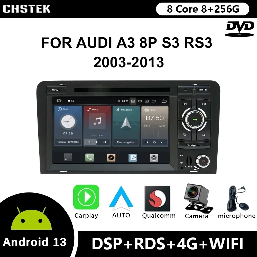 

Автомобильный радиоприемник CHSTEK Android 12 Qualcomm Snapdragon для Audi A3 8P S3 RS3 2003-2013 DVD GPS беспроводной CarPlay WIFI 4G Bluetooth 8 + 128G