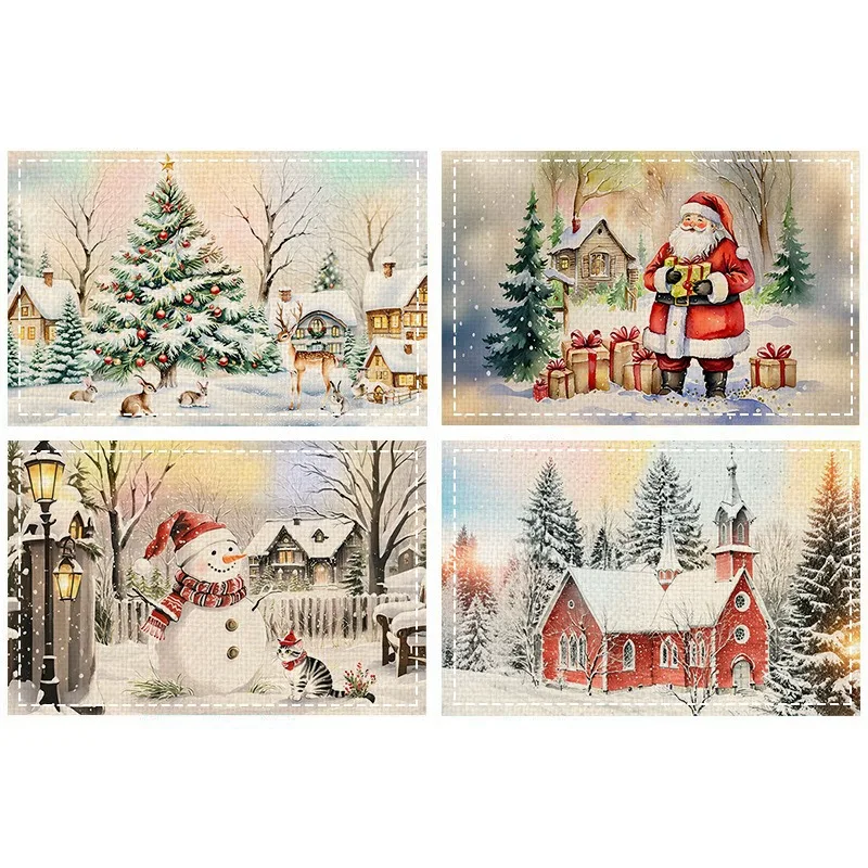 

Linen Christmas Snowman Santa Tree Placemat Kitchen Dining Table Heat-Resistant New Year Snow Decor Cloth Table Pad