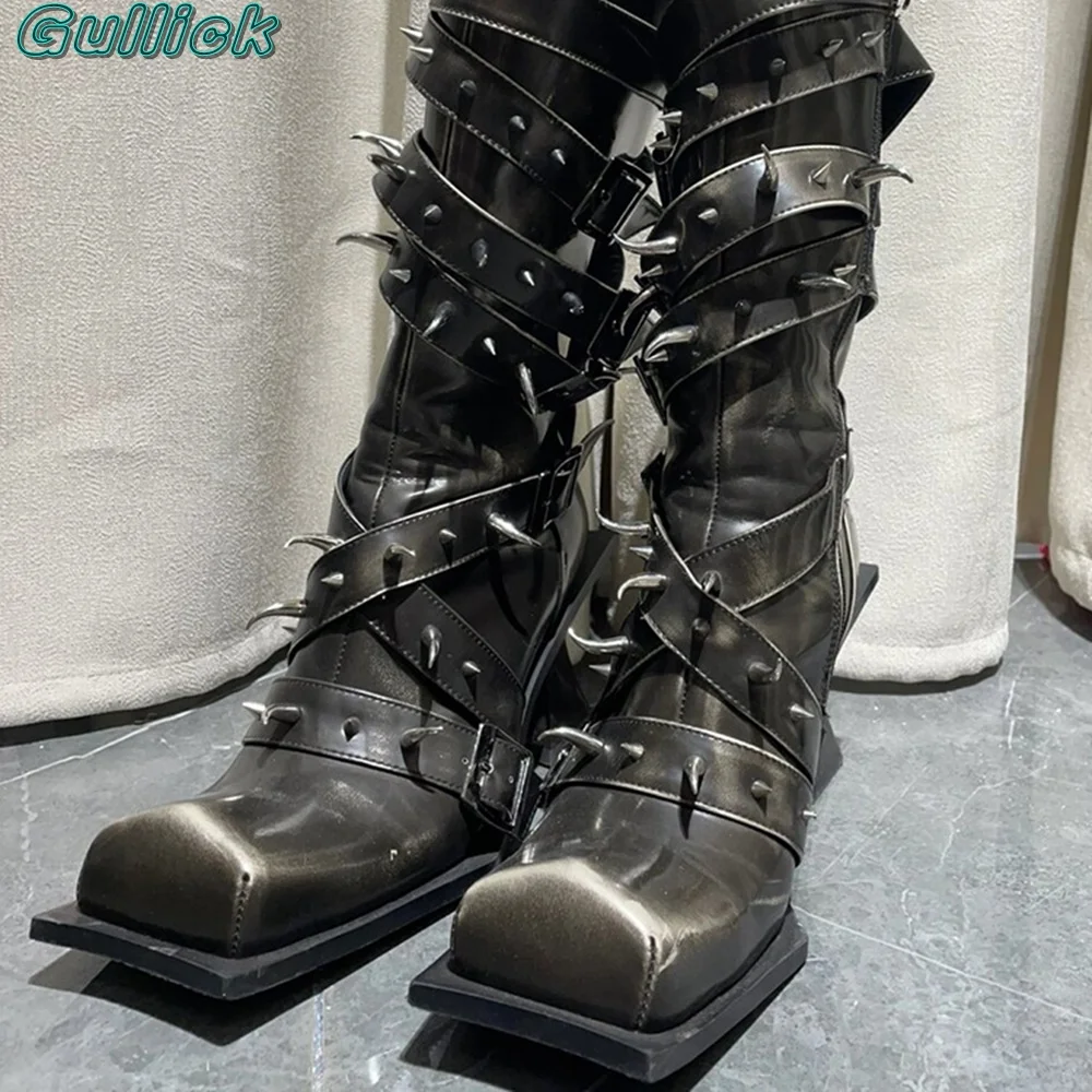 

Gullick Solid Punk Mid- Boots Square Toe Strange Heel Fashion Rivets Deciration Boot Side Zipper Cover Heel Wide Strap Shoes