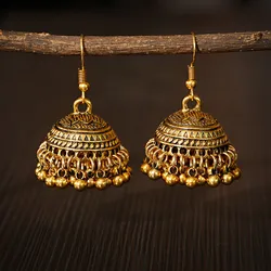 2023 Indian Jhumka Jewelry for Women Tassel Earrings Ethnic Retro Bollywood Oxidized Small Bell Tassel Carved Jhumki Dangle