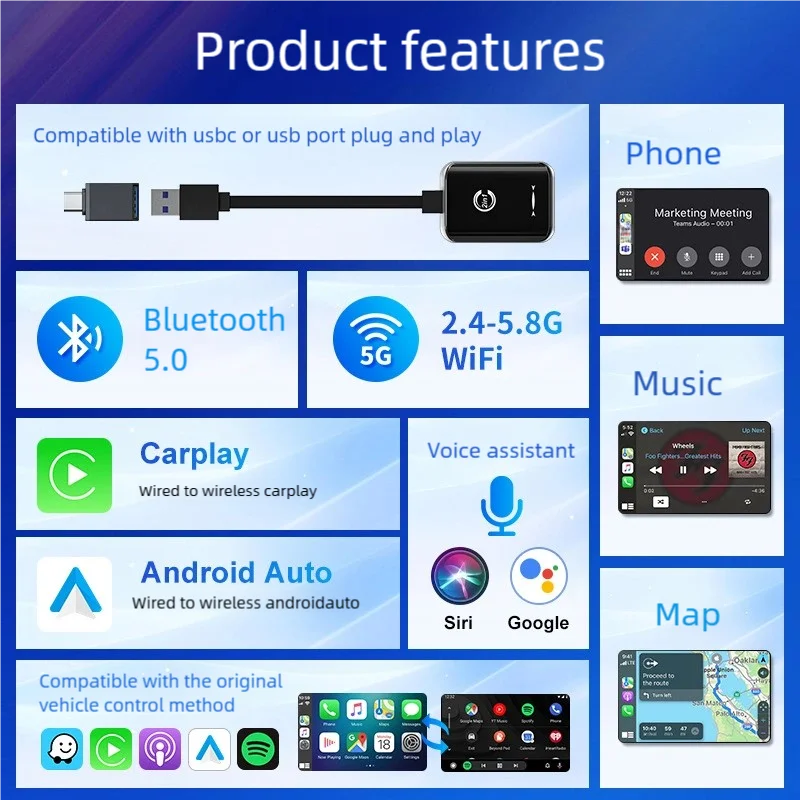 Nowy adapter 2 w 1 Mini Wireless Carplay Android Auto, inteligentny moduł AI do połączeń samochodowych, kompatybilny z większością modeli pojazdów, do samochodów z systemem OEM.