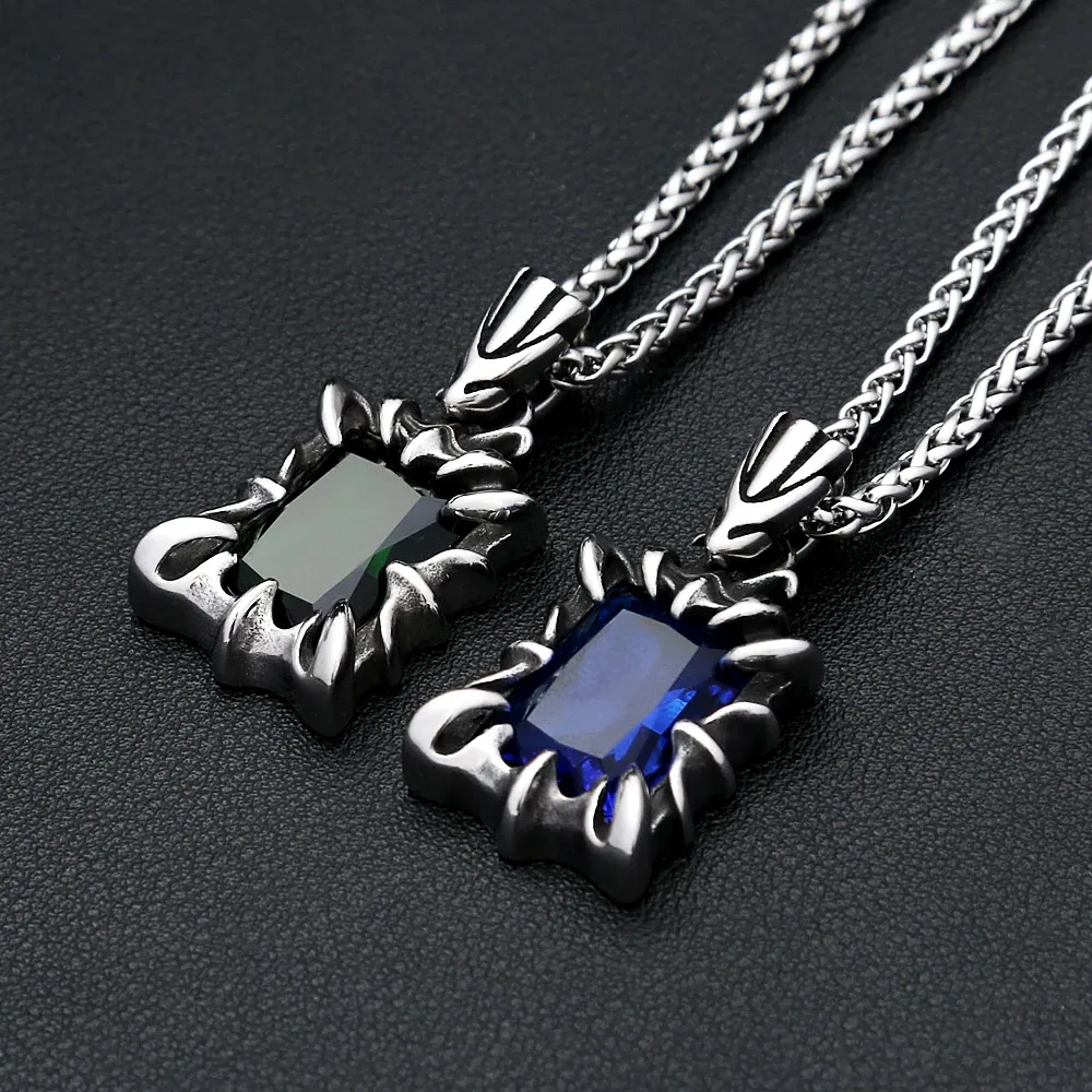 Gothic Crystal Multicolor Pendant Necklace Stainless Steel Spiky Border Men Vintage Trendy Statement Jewelry Neckwear Gift