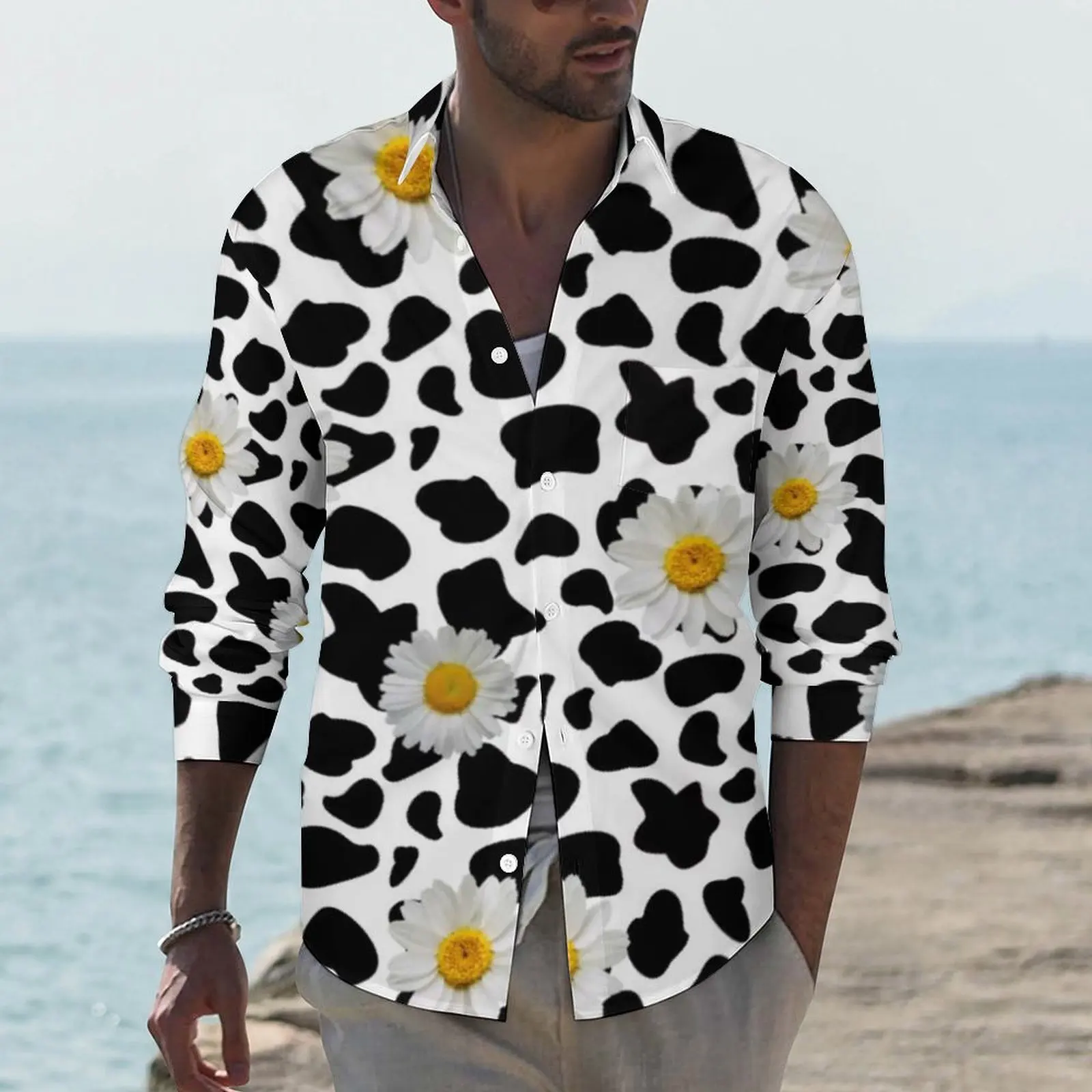 Daisy Cow Print Casual Shirts Men Floral Animal Cowprint Shirt Long Sleeve Fashion Street Blouses Spring Graphic Tops Plus Size