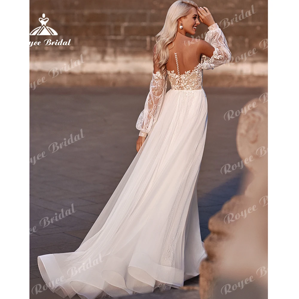 Roycebridal-Robe de Mariée en Tulle Blanc Cassé pour Femme, Ligne A, Manches sulf, Dentelle Boho, Quelle que soit la Taille, Éducative