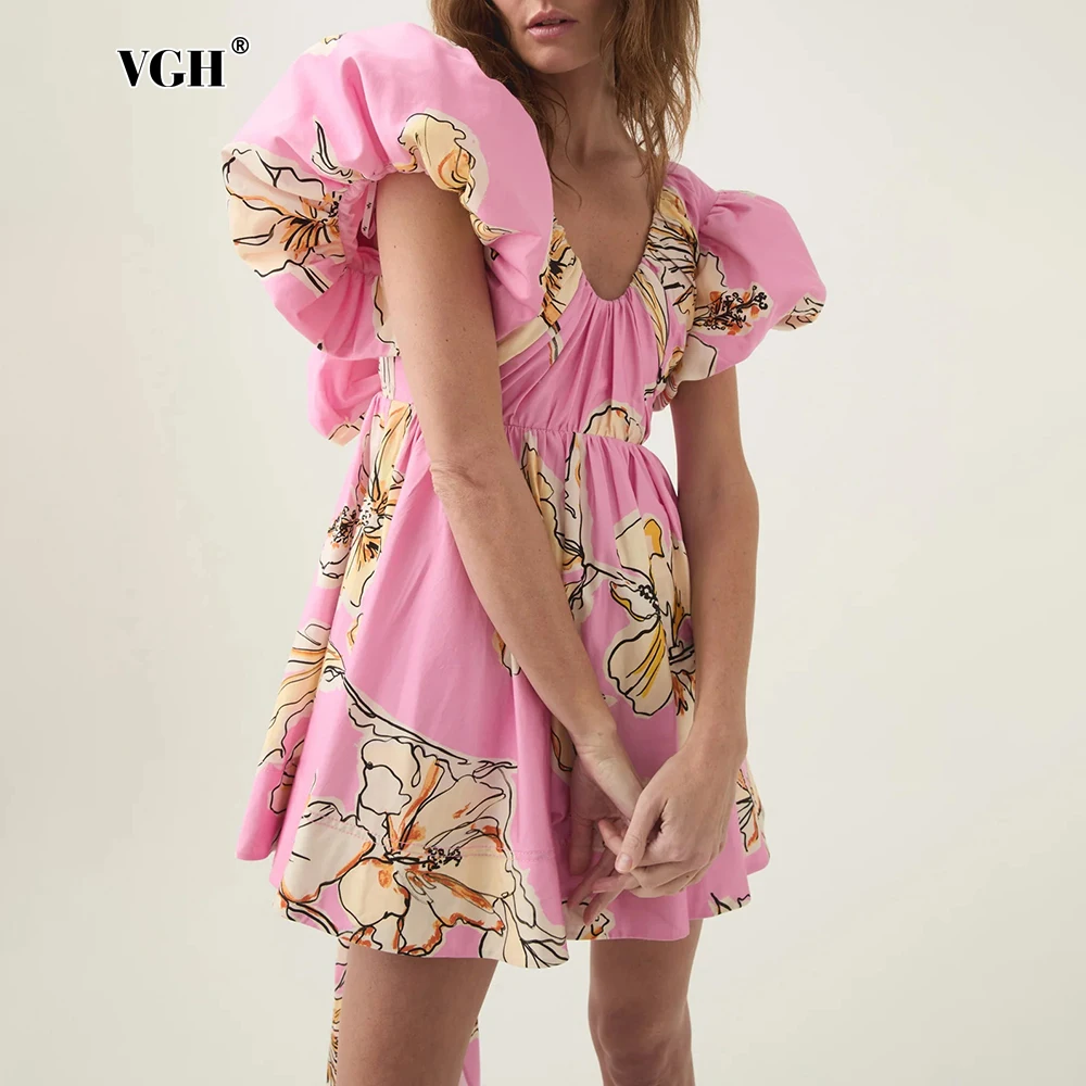 VGH Colorblock Printed Holiday Dress For Women V Enck Puff Sleeve High Waist Casual Loose Mini Dresses Female Clothing New Style