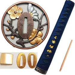 Blue Tsuka Real Katana Japanese Samurai Sword Wakizashi/Tanto Fittings Set Tsuba+Menuki+Fuchi+Kashira+Habaki+Seppa