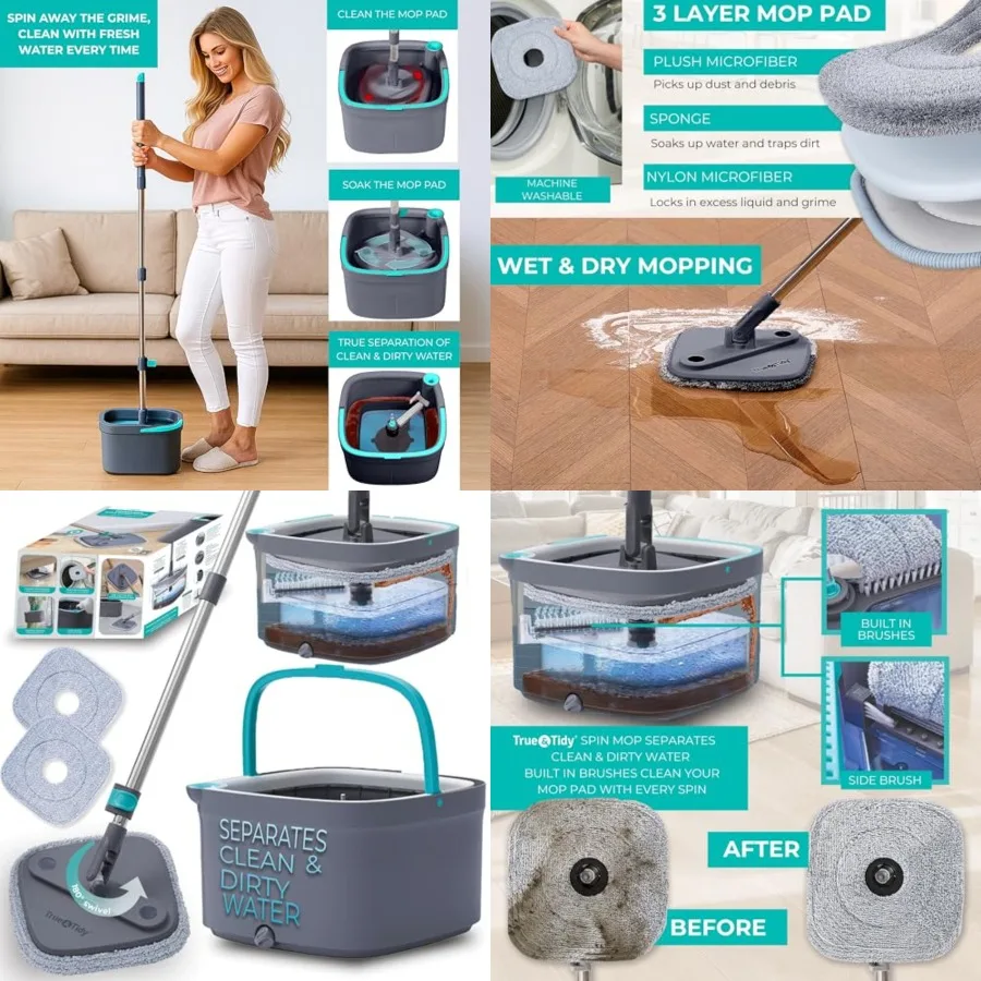 

True Clean Bucket System Dual Compartment Design for Clean Dirty Water, 360 Swivel Mop Head, Built-in Scrubbing Brush, Stainles