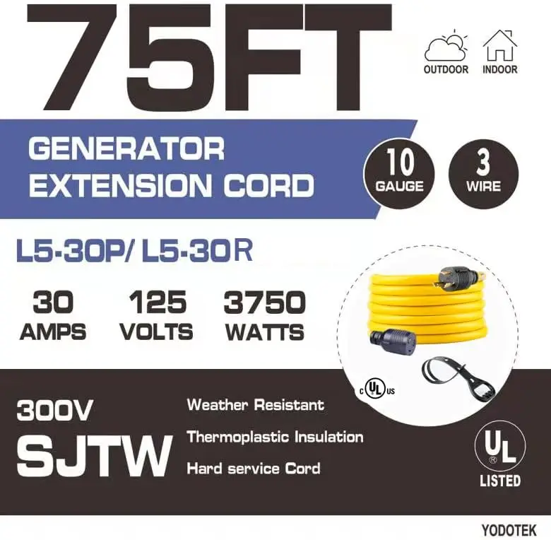 75FT heavy duty 3-pin generator locking power cord NEMA L5-30P/L5-30R, 10 gauge SJTW cable