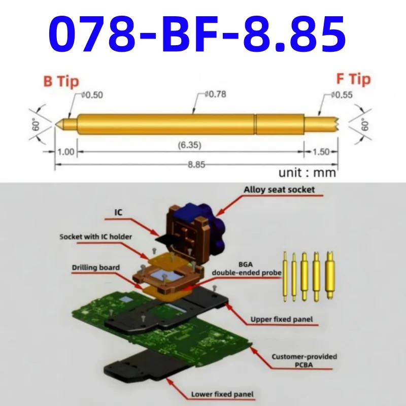 

100pcs Double-ended Test Needle Test Probe BGA Semiconductor Probe 078-BF-8.85L Telescopic Spring Test Pin 8.85 Pogo Pin