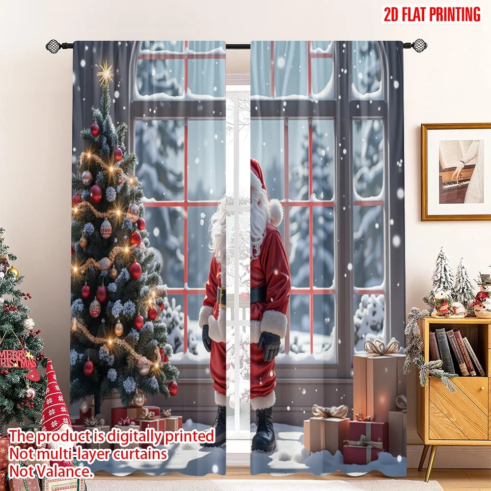 

2pcs 2D flat printing Merry Christmas Curtains Santa Claus Christmas Winter Wonderland Polyester Without Electricity Birthday